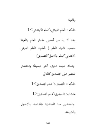 202
‫وقانونه‬
‫النهائي‬ ‫العلم‬ : ‫احملكم‬

‫االبتدائي‬ ‫العلم‬
<
1
‫ابملعرفة‬ ‫العلم‬ ‫مقدار‬ ‫حتصيل‬ ‫من‬ ‫بد‬ ‫ال‬ ‫وهنا‬
‫الفرعي‬ ‫العلم‬ =‫العلم‬ ( ‫العلم‬ ‫قانون‬ ‫حسب‬
)‫ابالصل*التصديق‬ ‫االبتدائي*العلم‬
‫ا‬‫ر‬‫اختصا‬‫و‬ ‫تبسيطا‬ ‫اكثر‬ ‫اخرى‬ ‫صيغة‬ ‫وهناك‬
‫كالت‬‫التصديق‬ ‫على‬ ‫تقتصر‬
‫ايل‬
‫التصدق‬ = ‫احملكم‬

‫التصديق‬ ‫عدم‬
<
1
‫التصديق‬ :‫املتشابه‬

‫التصديق‬ ‫عدم‬
>
1
‫االصول‬‫و‬ ‫ابملقاصد‬ ‫املصدقية‬ ‫هنا‬ ‫التصديق‬‫و‬
.‫اهد‬‫و‬‫الش‬‫و‬
 