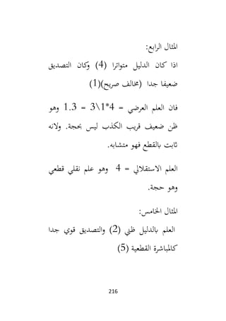 216
:‫ابع‬‫ر‬‫ال‬ ‫املثال‬
( ‫ا‬‫ر‬‫ات‬‫و‬‫مت‬ ‫الدليل‬ ‫كان‬ ‫اذا‬
4
‫التصديق‬ ‫كان‬
‫و‬ )
()‫يح‬‫ر‬‫ص‬ ‫(خمالف‬ ‫جدا‬ ‫ضعيفا‬
1
)
= ‫العرضي‬ ‫العلم‬ ‫فان‬
4
*
1

3
=
1.3
‫وهو‬
‫ليس‬ ‫الكذب‬ ‫يب‬‫ر‬‫ق‬ ‫ضعيف‬ ‫ظن‬
‫والنه‬ .‫حبجة‬
.‫متشابه‬ ‫فهو‬ ‫ابلقطع‬ ‫اثبت‬
= ‫االستقاليل‬ ‫العلم‬
4
‫قطعي‬ ‫نقلي‬ ‫علم‬ ‫وهو‬
.‫حجة‬ ‫وهو‬
:‫اخلامس‬ ‫املثال‬
( ‫ظين‬ ‫ابلدليل‬ ‫العلم‬
2
‫جدا‬ ‫قوي‬ ‫التصديق‬‫و‬ )
( ‫القطعية‬ ‫كاملباشرة‬
5
)
 