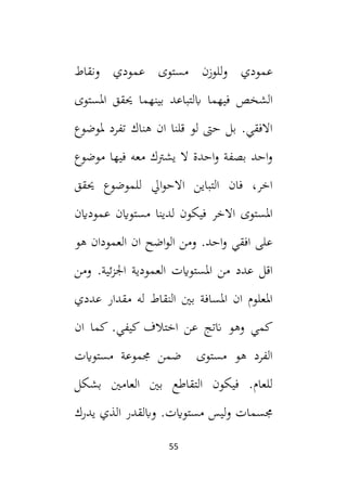 55
‫ونقاط‬ ‫عمودي‬ ‫مستوى‬ ‫للوزن‬‫و‬ ‫عمودي‬
‫اب‬ ‫فيهما‬ ‫الشخص‬
‫املستوى‬ ‫حيقق‬ ‫بينهما‬ ‫لتباعد‬
‫ملوضوع‬ ‫تفرد‬ ‫هناك‬ ‫ان‬ ‫قلنا‬ ‫لو‬ ‫حىت‬ ‫بل‬ .‫االفقي‬
‫موضوع‬ ‫فيها‬ ‫معه‬ ‫يشرتك‬ ‫ال‬ ‫احدة‬‫و‬ ‫بصفة‬ ‫احد‬‫و‬
‫حيقق‬ ‫للموضوع‬ ‫ايل‬‫و‬‫االح‬ ‫التباين‬ ‫فان‬ ،‫اخر‬
‫عموداين‬ ‫مستواين‬ ‫لدينا‬ ‫فيكون‬ ‫االخر‬ ‫املستوى‬
‫هو‬ ‫العمودان‬ ‫ان‬ ‫اضح‬‫و‬‫ال‬ ‫ومن‬ .‫احد‬‫و‬ ‫افقي‬ ‫على‬
‫الع‬ ‫املستوايت‬ ‫من‬ ‫عدد‬ ‫اقل‬
‫ومن‬ .‫ئية‬‫ز‬‫اجل‬ ‫مودية‬
‫عددي‬ ‫مقدار‬ ‫له‬ ‫النقاط‬ ‫بني‬ ‫املسافة‬ ‫ان‬ ‫املعلوم‬
‫ان‬ ‫كما‬ .‫كيفي‬ ‫اختالف‬ ‫عن‬ ‫انتج‬ ‫وهو‬ ‫كمي‬
‫مستوايت‬ ‫جمموعة‬ ‫ضمن‬ ‫مستوى‬ ‫هو‬ ‫الفرد‬
‫بشكل‬ ‫العامني‬ ‫بني‬ ‫التقاطع‬ ‫فيكون‬ .‫للعام‬
‫يدرك‬ ‫الذي‬ ‫وابلقدر‬ .‫مستوايت‬ ‫ليس‬‫و‬ ‫جمسمات‬
 