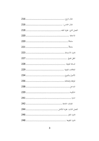 3
:‫ابع‬‫ر‬‫ال‬ ‫املثال‬
................................
.....................
216
:‫اخلامس‬ ‫املثال‬
................................
..................
216
‫الفقه‬ ‫ية‬‫ر‬‫نظ‬ :‫الثاين‬ ‫الفصل‬
................................
................
218
‫االحاطة‬
................................
...........................
220
‫مادة‬
6
................................
..........................
220
‫مادة‬
5
................................
..........................
221
‫االستنباط‬ ‫قانون‬
................................
.....................
223
‫املعريف‬ ‫الظل‬
................................
........................
227
‫فية‬‫ر‬‫املع‬ ‫املسافة‬
................................
......................
228
‫العال‬
‫فية‬‫ر‬‫املع‬ ‫قات‬
................................
....................
229
‫الفروع‬‫و‬ ‫األصول‬
................................
.....................
234
‫املخالفة‬‫و‬ ‫افقة‬‫و‬‫امل‬
................................
.....................
236
‫التداخل‬
................................
............................
238
‫احلكومة‬
................................
............................
239
‫اشارة‬
................................
..............................
241
‫اجلامعة‬ ‫املعارف‬
................................
..................
242
‫التكامل‬ ‫ية‬‫ر‬‫نظ‬ :‫الثالث‬ ‫الفصل‬
................................
............
244
‫العلو‬ ‫قانون‬
................................
.........................
246
‫الطبيعة‬ ‫قانون‬
................................
.......................
248
 