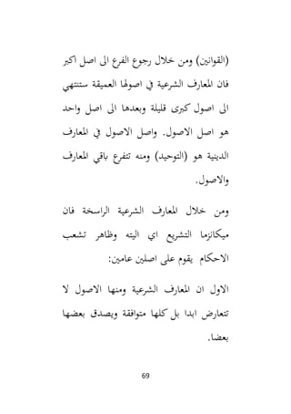 69
‫ع‬
‫الفر‬ ‫رجوع‬ ‫خالل‬ ‫ومن‬ )‫انني‬‫و‬‫(الق‬
‫اكب‬ ‫اصل‬ ‫ال‬
‫ستنتهي‬ ‫العميقة‬ ‫هلا‬‫و‬‫اص‬ ‫يف‬ ‫الشرعية‬ ‫املعارف‬ ‫فان‬
‫احد‬‫و‬ ‫اصل‬ ‫ال‬ ‫وبعدها‬ ‫قليلة‬ ‫كبى‬ ‫اصول‬ ‫ال‬
.‫االصول‬ ‫اصل‬ ‫هو‬
‫املعارف‬ ‫يف‬ ‫االصول‬ ‫اصل‬‫و‬
‫املعارف‬ ‫ابقي‬ ‫ع‬
‫تتفر‬ ‫ومنه‬ )‫(التوحيد‬ ‫هو‬ ‫الدينية‬
.‫االصول‬‫و‬
‫و‬
‫فان‬ ‫اسخة‬‫ر‬‫ال‬ ‫الشرعية‬ ‫املعارف‬ ‫خالل‬ ‫من‬
‫يع‬‫ر‬‫التش‬ ‫ميكانزما‬
‫تشعب‬ ‫وظاهر‬ ‫اليته‬ ‫اي‬
‫االحكام‬
:‫عامني‬ ‫اصلني‬ ‫على‬ ‫يقوم‬
‫ال‬ ‫االصول‬ ‫ومنها‬ ‫الشرعية‬ ‫املعارف‬ ‫ان‬ ‫االول‬
‫بعضها‬ ‫ويصدق‬ ‫افقة‬‫و‬‫مت‬ ‫كلها‬ ‫بل‬ ‫ابدا‬ ‫تتعارض‬
.‫بعضا‬
 