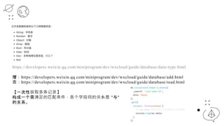 https://developers.weixin./miniprogram/dev/wxcloud/guide/database/data-type.html
https://developers.weixin./miniprogram/dev/wxcloud/guide/database/add.html
飺https://developers.weixin./miniprogram/dev/wxcloud/guide/database/read.html
һԻȡ¼
һƥֶμĹϵ ""
Ĺϵ
 