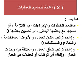 (
2
)
‫العمليات‬ ‫تصميم‬ ‫إعادة‬
‫يتم‬ ‫هنا‬
:
•
‫أو‬ ، ‫الالزمة‬ ‫غير‬ ‫واإلجراءات‬ ‫الخطوات‬ ‫استبعاد‬
‫بعضها‬ ‫تحسين‬ ‫أو‬ ، ‫البعض‬ ‫بعضها‬ ‫مع‬ ‫دمجها‬
0
•
، ‫المستخدمة‬ ‫واألدوات‬ ، ‫العمل‬ ‫مكان‬ ‫ترتيب‬ ‫وإعادة‬
‫والمستندات‬ ‫والنماذج‬
0
•
‫وحد‬ ‫بين‬ ‫والعالقة‬ ، ‫العمل‬ ‫تدفق‬ ‫ترتيب‬ ‫وإعادة‬
‫ات‬
‫العمل‬ ‫فى‬ ‫تعطالت‬ ‫أو‬ ‫توقفات‬ ‫أى‬ ‫وإلغاء‬ ، ‫العمل‬
.
 