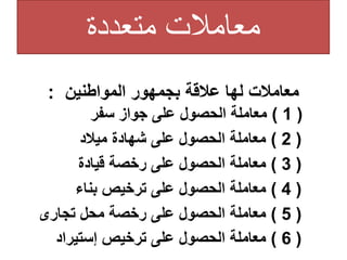 ‫متعددة‬ ‫معامالت‬
‫المواطنين‬ ‫بجمهور‬ ‫عالقة‬ ‫لها‬ ‫معامالت‬
:
(
1
)
‫سفر‬ ‫جواز‬ ‫على‬ ‫الحصول‬ ‫معاملة‬
(
2
)
‫ميالد‬ ‫شهادة‬ ‫على‬ ‫الحصول‬ ‫معاملة‬
(
3
)
‫قيادة‬ ‫رخصة‬ ‫على‬ ‫الحصول‬ ‫معاملة‬
(
4
)
‫بناء‬ ‫ترخيص‬ ‫على‬ ‫الحصول‬ ‫معاملة‬
(
5
)
‫تجارى‬ ‫محل‬ ‫رخصة‬ ‫على‬ ‫الحصول‬ ‫معاملة‬
(
6
)
‫إستيراد‬ ‫ترخيص‬ ‫على‬ ‫الحصول‬ ‫معاملة‬
 