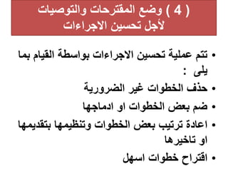 (
4
)
‫والتوصيات‬ ‫المقترحات‬ ‫وضع‬
‫االجراءات‬ ‫تحسين‬ ‫ألجل‬
•
‫القيا‬ ‫بواسطة‬ ‫االجراءات‬ ‫تحسين‬ ‫عملية‬ ‫تتم‬
‫بما‬ ‫م‬
‫يلى‬
:
•
‫الضرورية‬ ‫غير‬ ‫الخطوات‬ ‫حذف‬
•
‫ادماجها‬ ‫او‬ ‫الخطوات‬ ‫بعض‬ ‫ضم‬
•
‫بتقد‬ ‫وتنظيمها‬ ‫الخطوات‬ ‫بعض‬ ‫ترتيب‬ ‫اعادة‬
‫يمها‬
‫تاخيرها‬ ‫او‬
•
‫اسهل‬ ‫خطوات‬ ‫اقتراح‬
 