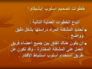 ‫إيشيكاوا‬ ‫اسلوب‬ ‫تصميم‬ ‫خطوات‬
‫التالية‬ ‫العملية‬ ‫الخطوات‬ ‫إتباع‬
:

‫دقيق‬ ‫بشكل‬ ‫دراستها‬ ‫المراد‬ ‫المشكلة‬ ‫تحديد‬
‫وواضح‬
.

‫فريق‬ ‫أعضاء‬ ‫جميع‬ ‫بين‬ ‫اتفاق‬ ‫هناك‬ ‫يكون‬ ‫أن‬
‫عن‬ ‫تكون‬ ‫وقد‬ ، ‫المختارة‬ ‫المشكلة‬ ‫على‬ ‫العمل‬
‫األفكار‬ ‫استنباط‬ ‫أسلوب‬ ‫استخدام‬ ‫طريق‬
.
 