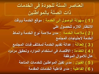‫الخدمات‬ ‫فى‬ ‫للجودة‬ ‫الستة‬ ‫العناصر‬
‫بالمواطنين‬ ‫الصلة‬ ‫ذات‬
(
1
)
‫الخدمة‬ ‫الى‬ ‫الوصول‬ ‫سهولة‬
:
‫ووقت‬ ‫الخدمة‬ ‫موقع‬
‫علي‬ ‫للحصول‬ ‫الالزم‬ ‫االنتظار‬
(
2
)
‫الخدمة‬ ‫مالءمة‬
:
‫وانماط‬ ‫الخدمة‬ ‫نوع‬ ‫مالءمة‬ ‫مدى‬
‫المجتمع‬ ‫الحتياجات‬ ‫الخدمة‬
(
3
)
‫العدالة‬
:
‫المجتمع‬ ‫فئات‬ ‫لمختلف‬ ‫الخدمة‬ ‫تقديم‬ ‫عدالة‬
(
4
)
‫الكفاءة‬
:
‫مردود‬ ‫وتحقيق‬ ‫الموارد‬ ‫استخدام‬ ‫فى‬ ‫االقتصاد‬
‫الموظفة‬ ‫لالموال‬ ‫عال‬
(
5
)
‫القبول‬
:
‫المتاحة‬ ‫للخدمات‬ ‫المواطنين‬ ‫تقبل‬ ‫مدى‬
6
)
‫الفاعلية‬
:
‫المقدمة‬ ‫الخدمات‬ ‫فاعلية‬ ‫مدى‬ )
 