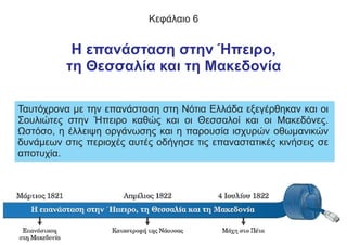 Κεφάλαιο 6
Η επανάσταση στην Ήπειρο,
τη Θεσσαλία και τη Μακεδονία
Ταυτόχρονα με την επανάσταση στη Νότια Ελλάδα εξεγέρθηκαν και οι
Σουλιώτες στην Ήπειρο καθώς και οι Θεσσαλοί και οι Μακεδόνες.
Ωστόσο, η έλλειψη οργάνωσης και η παρουσία ισχυρών οθωμανικών
δυνάμεων στις περιοχές αυτές οδήγησε τις επαναστατικές κινήσεις σε
αποτυχία.
 