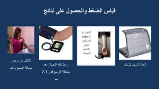 ‫قياس‬
‫على‬ ‫والحصول‬ ‫الضغط‬
‫نتائج‬
‫بعد‬ ‫الجهاز‬ ‫كفة‬ ‫ربط‬
‫قدر‬ ‫الرسغ‬ ‫منطقة‬
1
-
2
‫سم‬
.
‫ألسفل‬ ‫السهم‬ ‫اتجاة‬
‫وجود‬ ‫من‬ ‫التاكد‬
‫واحد‬ ‫اصبع‬ ‫مسافة‬
 