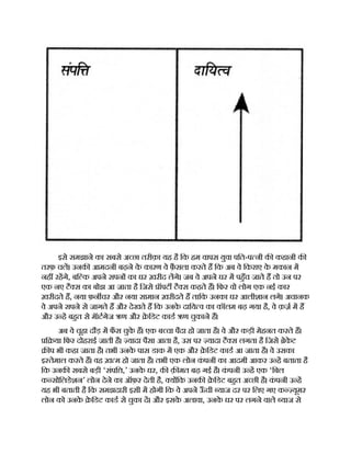 इसे समझाने का सबसे अ छा तरीक़ा यह है िक हम वापस युवा पित-प नी क कहानी क
तरफ़ चल। उनक आमदनी बढ़ने क
े कारण वे फ़ै सला करते ह िक अब वे िकराए क
े मकान म
नह रहगे, बि क अपने सपन का घर ख़रीद लगे। जब वे अपने घर म पहँच जाते ह तो उन पर
एक नए टै स का बोझ आ जाता है िजसे ॉपट टै स कहते ह। िफर वो लोग एक नई कार
ख़रीदते ह, नया फ़न चर और नया सामान ख़रीदते ह तािक उनका घर आलीशान लगे। अचानक
वे अपने सपने से जागते ह और देखते ह िक उनक
े दािय व का कॉलम बढ़ गया है, वे क़ज़ म ह
और उ ह बहत से मॅाटगेज ऋण और े िडट काड ऋण चुकाने ह।
अब वे चूहा दौड़ म फ
ँ स चुक
े ह। एक ब चा पैदा हो जाता है। वे और कड़ी मेहनत करते ह।
ि या िफर दोहराई जाती है। यादा पैसा आता है, उस पर यादा टै स लगता है िजसे ेक
े ट
प भी कहा जाता है। तभी उनक
े पास डाक म एक और े िडट काड आ जाता है। वे उसका
इ तेमाल करते ह। वह ख़ म हो जाता है। तभी एक लोन क
ं पनी का आदमी आकर उ ह बताता है
िक उनक सबसे बड़ी ‘संपि ,’ उनक
े घर, क क़ मत बढ़ गई है। क
ं पनी उ ह एक ‘िबल
क सोिलडेशन’ लोन देने का ऑफ़र देती है, य िक उनक े िडट बहत अ छी है। क
ं पनी उ ह
यह भी बताती है िक समझदारी इसी म होगी िक वे अपने ऊ
ँ ची याज दर पर िलए गए क यूमर
लोन को उनक
े े िडट काड से चुका द। और इसक
े अलावा, उनक
े घर पर लगने वाले याज से
 