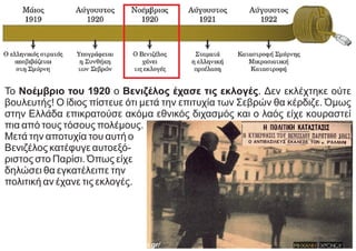 Το Νοέμβριο του 1920 ο Βενιζέλος έχασε τις εκλογές. Δεν εκλέχτηκε ούτε
βουλευτής! Ο ίδιος πίστευε ότι μετά την επιτυχία των Σεβρών θα κέρδιζε. Όμως
στην Ελλάδα επικρατούσε ακόμα εθνικός διχασμός και ο λαός είχε κουραστεί
πια από τους τόσους πολέμους.
Μετά την αποτυχία του αυτή ο
Βενιζέλος κατέφυγε αυτοεξό-
ριστος στο Παρίσι. Όπως είχε
δηλώσει θα εγκατέλειπε την
πολιτική αν έχανε τις εκλογές.
https://www.mixanitouxronou.gr/
 