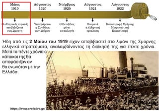 Ήδη από τις 2 Μαίου του 1919 είχαν αποβιβαστεί στο λιμάνι της Σμύρνης
ελληνικά στρατεύματα, αναλαμβάνοντας τη διοίκησή της για πέντε χρόνια.
Μετά τα πέντε χρόνια οι
κάτοικοι της θα
αποφάσιζαν αν
θα ενωνόταν με την
Ελλάδα.
https://www.cretalive.gr/
 