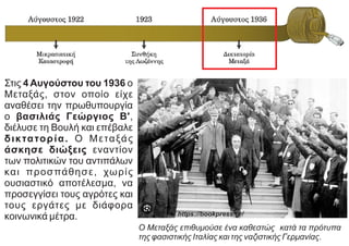 Στις 4 Αυγούστου του 1936 ο
Μεταξάς, στον οποίο είχε
αναθέσει την πρωθυπουργία
ο βασιλιάς Γεώργιος Β',
διέλυσε τη Βουλή και επέβαλε
δικτατορία. Ο Μεταξάς
άσκησε διώξεις εναντίον
των πολιτικών του αντιπάλων
και προσπάθησε, χωρίς
ουσιαστικό αποτέλεσμα, να
προσεγγίσει τους αγρότες και
τους εργάτες με διάφορα
κοινωνικά μέτρα.
Ο Μεταξάς επιθυμούσε ένα καθεστώς κατά τα πρότυπα
της φασιστικής Ιταλίας και της ναζιστικής Γερμανίας.
https://bookpress.gr/
 