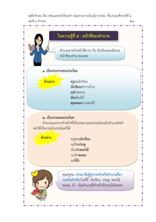 ชุดฝึกทักษะ เรื่อง ชนิดและหน้าที่ของคา กลุ่มสาระการเรียนรู้ภาษาไทย ชั้นประถมศึกษาปีที่ ๔
เล่มที่ ๑ คานาม ๒๑
ใบควำมรู้ที่ ๕ : หน้ำที่ของคำนำม
8
๑. เป็นประธำนของประโยค
ครูชมนักเรียน
นักเรียนทาการบ้าน
แม่ไปตลาด
น้องร้องไห้
คุณหมอตรวจคนไข้
คานามอาจทาหน้าที่ต่างๆ กัน นักเรียนลองสังเกต
หน้าที่ของคานามนะคะ
นักเรียนจาได้ไหมว่า มีคานามชนิดใดบ้าง
๒. เป็นกรรมของประโยค
คานามนอกจากทาหน้าที่เป็นประธานของประโยคแล้วคานามยังทา
หน้าที่เป็นกรรมในประโยคก็ได้
ครูสอนนักเรียน
แม่ปิดประตู
น้องตัดดอกไม้
นกจิกหนอน
ลุงขี่ม้ำ
ตัวอย่ำง
ตัวอย่ำง
คุณครูคะ...กรรม คือผู้ถูกกระทำหรือคำนำมที่มำ
รองรับคำกริยำในที่นี้ นักเรียน ประตู ดอกไม้
หนอน ม้า เป็นคานามที่ทาหน้าที่กรรมใช่ไหมคะ
 