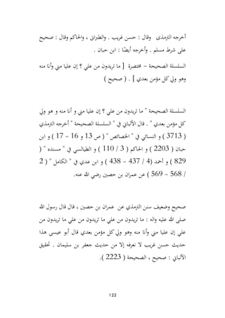 122
‫صحيح‬ : ‫وقال‬ ‫احلاكم‬‫و‬ ، ‫اىن‬‫رب‬‫الط‬‫و‬ . ‫يب‬‫ر‬‫غ‬ ‫حسن‬ : ‫وقال‬ ‫الرتمذى‬ ‫أخرجه‬
. ‫حبان‬ ‫ابن‬ : ‫ا‬ً
‫أيض‬ ‫أخرجه‬‫و‬ . ‫مسلم‬ ‫شرط‬ ‫على‬
‫الصحيحة‬ ‫السلسلة‬
-
‫منه‬ ‫أان‬‫و‬ ‫مين‬ ‫عليا‬ ‫إن‬ ‫؟‬ ‫علي‬ ‫من‬ ‫يدون‬‫ر‬‫ت‬ ‫ما‬ [ ‫خمتصرة‬
‫و‬ ‫وهو‬
) ‫صحيح‬ ( . ] ‫بعدي‬ ‫مؤمن‬ ‫كل‬‫يل‬
‫ويل‬ ‫هو‬ ‫و‬ ‫منه‬ ‫أان‬ ‫و‬ ‫مين‬ ‫عليا‬ ‫إن‬ ‫؟‬ ‫علي‬ ‫من‬ ‫يدون‬‫ر‬‫ت‬ ‫ما‬ " ‫الصحيحة‬ ‫السلسلة‬
‫الرتمذي‬ ‫أخرجه‬ " ‫الصحيحة‬ ‫السلسلة‬ " ‫يف‬ ‫األلبان‬ ‫قال‬ . " ‫بعدي‬ ‫مؤمن‬ ‫كل‬
(
3713
‫ص‬ ( " ‫اخلصائص‬ " ‫يف‬ ‫النسائي‬ ‫و‬ )
13
‫و‬
16
-
17
‫ابن‬ ‫و‬ )
( ‫حبان‬
2203
( ‫احلاكم‬ ‫و‬ )
3
/
110
( " ‫مسنده‬ " ‫يف‬ ‫الطيالسي‬ ‫و‬ )
829
( ‫أمحد‬ ‫و‬ )
4
/
437
-
438
( " ‫الكامل‬ " ‫يف‬ ‫عدي‬ ‫ابن‬ ‫و‬ )
2
/
568
-
569
.‫عنه‬ ‫هللا‬ ‫رضي‬ ‫حصني‬ ‫بن‬ ‫ان‬‫ر‬‫عم‬ ‫عن‬ )
‫هللا‬ ‫رسول‬ ‫قال‬ ‫قال‬ ، ‫حصني‬ ‫بن‬ ‫ان‬‫ر‬‫عم‬ ‫عن‬ ‫الرتمذي‬ ‫سنن‬ ‫وضعيف‬ ‫صحيح‬
‫يد‬‫ر‬‫ت‬ ‫ما‬ ‫علي‬ ‫من‬ ‫يدون‬‫ر‬‫ت‬ ‫ما‬ ‫علي‬ ‫من‬ ‫يدون‬‫ر‬‫ت‬ ‫ما‬ : ‫اله‬‫و‬ ‫عليه‬ ‫هللا‬ ‫صلى‬
‫من‬ ‫ون‬
‫هذا‬ ‫عيسى‬ ‫أبو‬ ‫قال‬ ‫بعدي‬ ‫مؤمن‬ ‫كل‬‫ويل‬ ‫وهو‬ ‫منه‬ ‫أان‬‫و‬ ‫مين‬ ‫عليا‬ ‫إن‬ ‫علي‬
‫حتقيق‬ . ‫سليمان‬ ‫بن‬ ‫جعفر‬ ‫حديث‬ ‫من‬ ‫إال‬ ‫فه‬‫ر‬‫نع‬ ‫ال‬ ‫يب‬‫ر‬‫غ‬ ‫حسن‬ ‫حديث‬
( ‫الصحيحة‬ ، ‫صحيح‬ : ‫األلبان‬
2223
.)
 