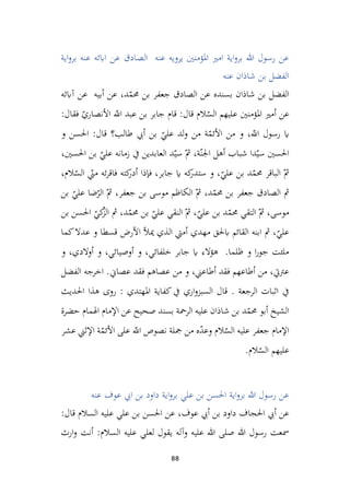 88
‫اية‬‫و‬‫بر‬ ‫عنه‬ ‫اابئه‬ ‫عن‬ ‫الصادق‬ ‫عنه‬ ‫يرويه‬ ‫املؤمنني‬ ‫امري‬ ‫اية‬‫و‬‫بر‬ ‫هللا‬ ‫رسول‬ ‫عن‬
‫عنه‬ ‫شاذان‬ ‫بن‬ ‫الفضل‬
‫أبيه‬ ‫عن‬ ،‫د‬ّ
‫حمم‬ ‫بن‬ ‫جعفر‬ ‫الصادق‬ ‫عن‬ ‫بسنده‬ ‫شاذان‬ ‫بن‬ ‫الفضل‬
‫آابئه‬ ‫عن‬
‫الم‬ّ
‫الس‬ ‫عليهم‬ ‫املؤمنني‬ ‫أمري‬ ‫عن‬
:‫فقال‬ ّ
‫األنصاري‬ ّ
‫اّلل‬ ‫عبد‬ ‫بن‬ ‫جابر‬ ‫قام‬ :‫قال‬
‫و‬ ‫احلسن‬ :‫قال‬ ‫طالب؟‬ ‫أيب‬ ‫بن‬ ّ
‫علي‬ ‫لد‬‫و‬ ‫من‬ ‫ة‬ّ
‫األئم‬ ‫من‬ ‫و‬ ، ّ
‫اّلل‬ ‫رسول‬ ‫اي‬
،‫احلسني‬ ‫بن‬ ّ
‫علي‬ ‫زمانه‬ ‫يف‬ ‫العابدين‬ ‫د‬ّ‫سي‬ ّ‫مث‬ ،‫ة‬ّ‫اجلن‬ ‫أهل‬ ‫شباب‬ ‫دا‬ّ‫سي‬ ‫احلسني‬
‫ست‬ ‫و‬ ،ّ
‫علي‬ ‫بن‬ ‫د‬ّ
‫حمم‬ ‫الباقر‬ ّ‫مث‬
،‫الم‬ّ
‫الس‬ ّ
‫مين‬ ‫ئه‬‫ر‬‫فاق‬ ‫كته‬
‫أدر‬ ‫فإذا‬ ،‫جابر‬ ‫اي‬ ‫كه‬
‫در‬
‫بن‬ ّ
‫علي‬ ‫ضا‬ّ
‫الر‬ ّ‫مث‬ ،‫جعفر‬ ‫بن‬ ‫موسى‬ ‫الكاظم‬ ّ‫مث‬ ،‫د‬ّ
‫حمم‬ ‫بن‬ ‫جعفر‬ ‫الصادق‬ ‫مث‬
‫بن‬ ‫احلسن‬ ّ
‫كي‬
ّ
‫ز‬‫ال‬ ‫مث‬ ،‫د‬ّ
‫حمم‬ ‫بن‬ ّ
‫علي‬ ‫النقي‬ ّ‫مث‬ ،ّ
‫علي‬ ‫بن‬ ‫د‬ّ
‫حمم‬ ‫التقي‬ ّ‫مث‬ ،‫موسى‬
‫عدال‬ ‫و‬ ‫قسطا‬ ‫األرض‬ ‫ميأل‬ ‫الذي‬ ‫أميت‬ ‫مهدي‬ ‫ابحلق‬ ‫القائم‬ ‫ابنه‬ ‫مث‬ ،ّ
‫علي‬
‫كما‬
‫و‬ ،‫أوالدي‬ ‫و‬ ،‫أوصيائي‬ ‫و‬ ،‫خلفائي‬ ‫جابر‬ ‫اي‬ ‫هؤالء‬ .‫ظلما‬ ‫و‬ ‫ا‬‫ر‬‫جو‬ ‫ملئت‬
‫الفضل‬ ‫اخرجه‬ .‫عصان‬ ‫فقد‬ ‫عصاهم‬ ‫من‬ ‫و‬ ،‫أطاعين‬ ‫فقد‬ ‫أطاعهم‬ ‫من‬ ،‫عرتيت‬
‫احلديث‬ ‫هذا‬ ‫روى‬ : ‫املهتدي‬ ‫كفاية‬‫يف‬ ‫اري‬‫و‬‫السبز‬ ‫قال‬ . ‫الرجعة‬ ‫اثبات‬ ‫يف‬
‫ا‬ ‫اإلمام‬ ‫عن‬ ‫صحيح‬ ‫بسند‬ ‫الرمحة‬ ‫عليه‬ ‫شاذان‬ ‫بن‬ ‫د‬ّ
‫حمم‬ ‫أبو‬ ‫الشيخ‬
‫حضرة‬ ‫هلمام‬
‫عشر‬ ‫اإلثين‬ ‫ة‬ّ
‫األئم‬ ‫على‬ ّ
‫اّلل‬ ‫نصوص‬ ‫مجلة‬ ‫من‬ ‫ه‬ّ
‫د‬‫وع‬ ‫الم‬ّ
‫الس‬ ‫عليه‬ ‫جعفر‬ ‫اإلمام‬
.‫الم‬ّ
‫الس‬ ‫عليهم‬
‫عنه‬ ‫عوف‬ ‫ايب‬ ‫بن‬ ‫داود‬ ‫اية‬‫و‬‫بر‬ ‫علي‬ ‫بن‬ ‫احلسن‬ ‫اية‬‫و‬‫بر‬ ‫هللا‬ ‫رسول‬ ‫عن‬
:‫قال‬ ‫السالم‬ ‫عليه‬ ‫علي‬ ‫بن‬ ‫احلسن‬ ‫عن‬ ،‫عوف‬ ‫أيب‬ ‫بن‬ ‫داود‬ ‫احلجاف‬ ‫أيب‬ ‫عن‬
‫ارث‬‫و‬ ‫أنت‬ :‫السالم‬ ‫عليه‬ ‫لعلي‬ ‫يقول‬ ‫وآله‬ ‫عليه‬ ‫هللا‬ ‫صلى‬ ‫هللا‬ ‫رسول‬ ‫مسعت‬
 