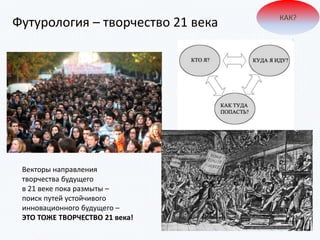 Футурология – творчество 21 века
Векторы направления
творчества будущего
в 21 веке пока размыты –
поиск путей устойчивого
инновационного будущего –
ЭТО ТОЖЕ ТВОРЧЕСТВО 21 века!
КАК?
 