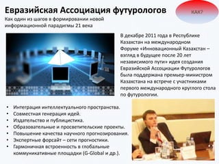 Евразийская Ассоциация футурологов
Как один из шагов в формировании новой
информационной парадигмы 21 века
• Интеграция интеллектуального пространства.
• Совместная генерация идей.
• Издательство и публицистика.
• Образовательные и просветительские проекты.
• Повышение качества научного прогнозирования.
• Экспертные форсайт – сети прогностики.
• Гармоничная встроенность в глобальные
коммуникативные площадки (G-Global и др.).
КАК?
В декабре 2011 года в Республике
Казахстан на международном
Форуме «Инновационный Казахстан –
взгляд в будущее после 20 лет
независимого пути» идея создания
Евразийской Ассоциации Футурологов
была поддержана премьер-министром
Казахстана на встрече с участниками
первого международного круглого стола
по футурологии.
 