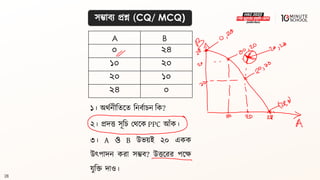 28
সম্ভািয প্রশ্ন (CQ/ MCQ)
১। অর্থনীবিলি বনিথাচন বক?
২। প্রদত্ত সূবচ মর্লক PPC আঁক।
৩। A ও B উভয়ই ২০ একক
উৎপাদন করা সম্ভি? উত্তলরর পলে
যুবি দাও।
০ ২৪
১০ ২০
২০ ১০
২৪ ০
A B
 