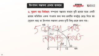 40
৬. সুলযাগ্ িযয় বনধ্থারলণ: সম্পলদর স্বল্পিার কারলণ দুবি দ্রলিযর মলধ্য একবি
দ্রলিযর অবিবরি একক পাওয়ার জনয অনয দ্রিযবির কিিু ক
ু মেল়ে বদলি হয়
(সুলযাগ্ িযয়) িা উৎপাদন সম্ভািনা মরখার দু'বি বিন্দু মর্লক জানা যায়।
উৎপাদন সম্ভািনা মরখার িযিহার
C
O
A
B
15
5
10
D
5
PPC
ধ্ান
পাি
R
J
 