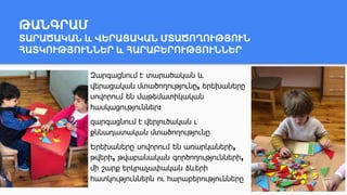 ԹԱՆԳՐԱՄ
ՏԱՐԱԾԱԿԱՆ և ՎԵՐԱՑԱԿԱՆ ՄՏԱԾՈՂՈՒԹՅՈՒՆ
ՀԱՏԿՈՒԹՅՈՒՆՆԵՐ և ՀԱՐԱԲԵՐՈՒԹՅՈՒՆՆԵՐ
Զարգացնում է տարածական և
վերացական մտածողությունը, երեխաները
սովորում են մաթեմատիկական
հասկացություններ:
զարգացնում է վերլուծական ւ
քննադատական մտածողությունը
Երեխաները սովորում են առարկաների,
թվերի, թվաբանական գործողությունների,
մի շարք երկրաչափական ձևերի
հատկություններն ու հարաբերությունները
 