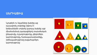 ՍԵՐԻԱՑԻԱ
Նյութերն ու նկարները ձախից աջ
դասավորել սովորելը օգնում է
երեխաներին սովորել կարդալ ձախից աջ:
միաժամանակ զարգացնելով տարածական
ընկալումը, ուշադրությունը, վերլուծելու
կարողությունը, համապատասխանելը,
օրինաչափությունը բացահայտելու
կարողությունը
 