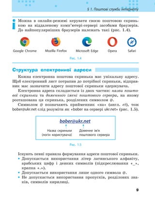 9
§ 1. Поштові служби інтернету
Можна в онлайн-режимі керувати своєю поштовою скринь-
кою на віддаленому комп’ютері-сервері засобами браузерів.
До найпопулярніших браузерів належать такі (рис. 1.4).
Google Chrome Mozilla Firefox Microsoft Edge Opera Safari
Рис. 1.4
Структура електронної адреси
Кожна електронна поштова скринька має унікальну адресу.
Щоб електронний лист потрапив до потрібної скриньки, відправ-
ник має зазначити адресу поштової скриньки одержувача.
Електронна адреса складається із двох частин: назви пошто-
вої скриньки та доменного імені поштового сервера, на якому
розташована ця скринька, розділених символом @.
Символом @ позначають прийменник «на» (англ. et), тож
bober@ukr.net слід розуміти як «bober на сервері ukr.net» (рис. 1.5).
Назва скриньки
(логін користувача)
Доменне ім’я
поштового сервера
bober@ukr.net
Рис. 1.5
Існують певні правила формування адреси поштової скриньки.
•
• Допускається використання літер латинського алфавіту,
арабських цифр і деяких символів (підкреслювання «_»,
крапка «.»).
•
• Допускається використання лише одного символа @.
•
• Не допускається використання пропусків, розділових зна-
ків, символів кирилиці.
 