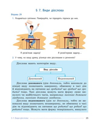 § 7. Види дієслова 25
§ 7. Види дієслова
Вправа 29
1. Роздивіться світлини. Поміркуйте, чи підходять підписи до них.
Я розв’язав задачу! Я розв’язував задачу…
2. У чому, на вашу думку, різниця між дієсловами в реченнях?
Дієслова мають категорію виду.
Доконаний Недоконаний
Вид дієслів
Дієслова доконаного (дію доконали, тобто виконали до
кінця) виду позначають завершену, обмежену в часі дію
й відповідають на питання що зробити? що зробив? що зро-
бить? тощо. Такі дієслова можуть мати форму лише ми-
нулого чи майбутнього часів, наприклад: виконав домашнє
завдання, виконаю домашнє завдання.
Дієслова недоконаного (дію не доконали, тобто не ви-
конали) виду позначають незавершену, не обмежену в часі
дію та відповідають на питання що робити? що робив? що
робить? тощо. Можуть мати форму теперішнього, минулого
 