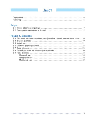  3
Зміст
Передмова  . . . . . . . . . . . . . . . . . . . . . . . . . . . . . . . . . . . . . . . . . . . . . . . . . . . . . . . . . . . . . . . . . . . . . . 4
Навігатор . . . . . . . . . . . . . . . . . . . . . . . . . . . . . . . . . . . . . . . . . . . . . . . . . . . . . . . . . . . . . . . . . . . . . . . . . 5
Вступ
§ 1. Мовні обов’язки українців . . . . . . . . . . . . . . . . . . . . . . . . . . . . . . . . . . . . . . . . . . . . . . . . . . 7
§ 2. Повторення вивченого в 6 класі  . . . . . . . . . . . . . . . . . . . . . . . . . . . . . . . . . . . . . . . . .  12
Розділ 1. Дієслово
§ 3. Дієслово: загальне значення, морфологічні ознаки, синтаксична роль . . .  16
§ 4. Форми дієслова . . . . . . . . . . . . . . . . . . . . . . . . . . . . . . . . . . . . . . . . . . . . . . . . . . . . . . . . . . . .  19
§ 5. Інфінітив . . . . . . . . . . . . . . . . . . . . . . . . . . . . . . . . . . . . . . . . . . . . . . . . . . . . . . . . . . . . . . . . . . . .  21
§ 6. Особові форми дієслова . . . . . . . . . . . . . . . . . . . . . . . . . . . . . . . . . . . . . . . . . . . . . . . . . . .  23
§ 7. Види дієслова  . . . . . . . . . . . . . . . . . . . . . . . . . . . . . . . . . . . . . . . . . . . . . . . . . . . . . . . . . . . . .  25
§ 8. Спосіб дієслова: загальна характеристика  . . . . . . . . . . . . . . . . . . . . . . . . . . . . . . . .  30
§ 9. Часи дієслова  . . . . . . . . . . . . . . . . . . . . . . . . . . . . . . . . . . . . . . . . . . . . . . . . . . . . . . . . . . . . .  33
Минулий час  . . . . . . . . . . . . . . . . . . . . . . . . . . . . . . . . . . . . . . . . . . . . . . . . . . . . . . . . . . . .  35
Теперішній час  . . . . . . . . . . . . . . . . . . . . . . . . . . . . . . . . . . . . . . . . . . . . . . . . . . . . . . . . . .  38
Майбутній час  . . . . . . . . . . . . . . . . . . . . . . . . . . . . . . . . . . . . . . . . . . . . . . . . . . . . . . . . . .  42
 