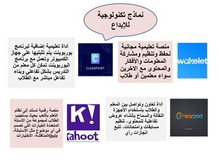 ‫تكنولوجية‬ ‫نماذج‬
‫لإلبداع‬
‫لبرنامج‬ ‫إضافية‬ ‫تعليمية‬ ‫أداة‬
‫جه‬ ‫على‬ ‫تثبتيها‬ ‫يتم‬ ‫بوربوينت‬
‫از‬
‫برنامج‬ ‫مع‬ ‫وتعمل‬ ‫الكمبيوتر‬
‫من‬ ‫معلم‬ ‫كل‬ ‫تمكن‬ ‫البوربوينت‬
‫وبناء‬ ‫تفاعلي‬ ‫بشكل‬ ‫التدريس‬
‫الطالب‬ ‫مع‬ ‫مباشر‬ ‫تفاعل‬
‫مجانية‬ ‫تعليمية‬ ‫منصة‬
‫ومشاركة‬ ‫وتنظيم‬ ‫لحفظ‬
‫واألفكار‬ ‫المعلومات‬
‫االخرين‬ ‫مع‬ ‫والمحتوى‬
‫طالب‬ ‫أو‬ ‫معلمين‬ ‫سواء‬
‫نظام‬ ‫إلى‬ ‫تستند‬ ‫رقمية‬ ‫منصة‬
‫يستجيب‬ ‫بحيث‬ ‫باللعب‬ ‫التعلم‬
‫األسئلة‬ ‫من‬ ‫لمجموعة‬ ‫الطالب‬
‫تصمم‬ ‫التي‬ ‫الخيارات‬ ‫المتعددة‬
،‫االستبانة‬ ‫مثل‬ ‫موضوع‬ ‫أي‬ ‫في‬
‫االختبارات‬ ،‫المناقشة‬Quiz
‫المعلم‬ ‫بين‬ ‫وتواصل‬ ‫تعاون‬ ‫أداة‬
‫األجهزة‬ ‫باستخدام‬ ‫والطالب‬
‫عروض‬ ‫بإنشاء‬ ‫والسماح‬ ‫النقالة‬
‫تنظيم‬ ،‫للمحتوى‬ ‫تفاعلية‬
‫تتبع‬ ،‫وامتحانات‬ ‫مسابقات‬
‫رأي‬ ‫انجازات‬
 
