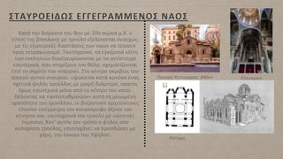 ΣΤΑΥΡΟΕΙΔΩΣ ΕΓΓΕΓΡΑΜΜΕΝΟΣ ΝΑΟΣ
Κατά την διάρκεια του 8ου με 10ο αιώνα μ.Χ. ο
τύπος της βασιλικής με τρούλο εξελίσσεται συνεχώς,
με τις εξωτερικές διαστάσεις των ναών να τείνουν
προς τετραγωνισμό. Ταυτόχρονα, τα εγκάρσια κλίτη
των εκκλησιών διασταυρώνονται με τα αντίστοιχα
εσωτερικά, που στηρίζουν τον θόλο, σχηματίζοντας
έτσι το σημείο του σταυρού. Στο κέντρο ακριβώς του
νοητού αυτού σταυρού, υψώνεται κατά κανόνα ένας
σχετικά ψηλός τρούλλος με μικρή διάμετρο, ορατός
όμως εσωτερικά μόνο από το κέντρο του ναού.
Θέλοντας να «αντισταθμίσουν» αυτή τη μειωμένη
ορατότητα του τρούλλου, οι βυζαντινοί αρχιτέκτονες
τόνισαν υπέρμετρα τον κατακόρυφο άξονα του
κέντρου και ταυτόχρονα τον τρούλο με υψιτενές
τύμπανο. Κατ' αυτόν τον τρόπο ο ψηλός σαν
κυπαρίσσι τρούλος, επιτυγχάνει να προσδώσει με
χάρη, την έννοια του Υψηλού.
Παναγία Καπνικαρέα, Αθήνα
Κάτοψη
Εσωτερικό
 