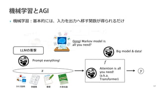 17
𝑦𝑦
𝑓𝑓
𝑥𝑥
記憶、推論、ニューロシンボリックAI、
意識、身体性、認知科学、etc.
𝑦𝑦
𝑥𝑥
 機械学習：基本的には、入力を出力へ移す関数が得られるだけ
🤪🤪
🤪🤪
Prompt everything!
Attention is all
you need!
(a.k.a.
Transformer)
例題集 外部知識
履歴
𝑓𝑓
LLMの衝撃
🤪🤪Big model & data!
タスク説明
(long) Markov model is
all you need?
 