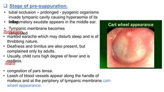  Stage of pre-suppuration.
• tubal occlusion – prolonged - pyogenic organisms
invade tympanic cavity causing hyperaemia of its
lining.
• Inflammatory exudate appears in the middle ear.
• Tympanic membrane becomes
congested
Symptoms.
• marked earache which may disturb sleep and is of
throbbing nature.
• Deafness and tinnitus are also present, but
complained only by adults.
• Usually, child runs high degree of fever and is
restless.
Signs
• congestion of pars tensa.
• Leash of blood vessels appear along the handle of
malleus and at the periphery of tympanic membrane cart-
wheel appearance.
 