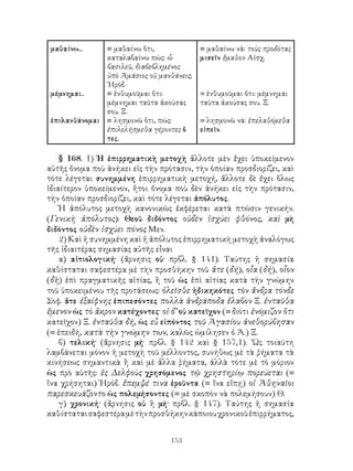 153
μαθαίνω...
μέμνημαι..
ἐπιλανθάνομαι
= μαθαίνω ὅτι,
καταλαβαίνω πώς: ὦ
βασιλεῦ, διαβεβλημένος
ὑπὸ Ἀμάσιος οὐ μανθάνεις;
῾Ηρόδ.
= ἐνθυμοῦμαι ὅτι:
μέμνημαι ταῦτα ἀκούσας
σου. Ξ.
= λησμονῶ ὅτι, πώς:
ἐπιλελήσμεθα γέροντες ὄ
τες.
= μαθαίνω νά: τοὺς προδότας
μισεῖν ἔμαθον Αἰσχ.
= ἐνθυμοῦμαι ὅτι: μέμνημαι
ταῦτα ἀκούσας σου. Ξ.
= λησμονῶ νά: ἐπελαθόμεθα
εἰπεῖν.
§ 168. 1) Ἡ ἐπιρρηματικὴ μετοχὴ ἄλλοτε μὲν ἔχει ὑποκείμενον
αὐτῆς ὄνομα ποὺ ἀνήκει εἰς τὴν πρότασιν, τὴν ὁποίαν προσδιορίζει, καὶ
τότε λέγεται συνημμένη ἐπιρρηματικὴ μετοχή, ἄλλοτε δὲ ἔχει ὅλως
ἰδιαίτερον ὑποκείμενον, ἤτοι ὄνομα ποὺ δὲν ἀνήκει εἰς τὴν πρότασιν,
τὴν ὁποίαν προσδιορίζει, καὶ τότε λέγεται ἀπόλυτος.
Ἡ ἀπόλυτος μετοχὴ κανονικῶς ἐκφέρεται κατὰ πτῶσιν γενικήν.
(Γενικὴ ἀπόλυτος): Θεοῦ διδόντος οὐδὲν ἰσχύει φθόνος, καὶ μὴ
διδόντος οὐδὲν ἰσχύει πόνος Μεν.
2) Καὶ ἡ συνημμένη καὶ ἡ ἀπόλυτος ἐπιρρηματικὴ μετοχὴ ἀναλόγως
τῆς ἰδιαιτέρας σημασίας αὐτῆς εἶναι
α) αἰτιολογική· (ἄρνησις οὐ· πρβλ. § 141). Ταύτης ἡ σημασία
καθίσταται σαφεστέρα μὲ τὴν προσθήκην τοῦ ἅτε (δή), οἷα (δή), οἷον
(δὴ) ἐπὶ πραγματικῆς αἰτίας, ἢ τοῦ ὡς ἐπὶ αἰτίας κατὰ τὴν γνώμην
τοῦ ὑποκειμένου τῆς προτάσεως: ὀλεῖσθε ἠδικηκότες τὸν ἄνδρα τόνδε
Σοφ. ἅτε ἐξαίφνης ἐπιπεσόντες πολλὰ ἀνδράποδα ἔλαβον Ξ. ἐνταῦθα
ἔμενον ὡς τὸ ἄκρον κατέχοντες· οἱ δ’ οὐ κατεῖχον (= διότι ἐνόμιζον ὅτι
κατεῖχον) Ξ. ἐνταῦθα δή, ὡς εὖ εἰπόντος τοῦ Ἀγασίου ἀνεθορύβησαν
(= ἐπειδή, κατὰ τὴν γνώμην των, καλῶς ὡμίλησεν ὁ Ἀ.) Ξ.
β) τελική· (ἄρνησις μή· πρβλ. § 142 καὶ § 157,1). ῾Ως τοιαύτη
λαμβάνεται μόνον ἡ μετοχὴ τοῦ μέλλοντος, συνήθως μὲ τὰ ῥήματα τὰ
κινήσεως σημαντικὰ ἢ καὶ μὲ ἄλλα ῥήματα, ἀλλὰ τότε μὲ τὸ μόριον
ὡς πρὸ αὐτῆς: ἐς Δελφοὺς χρησόμενος τῷ χρηστηρίῳ πορεύεται (=
ἵνα χρήσηται) Ἡρόδ. ἔπεμψέ τινα ἐροῦντα (= ἵνα εἴπῃ) οἱ Ἀθηναῖοι
παρεσκευάζοντο ὡς πολεμήσοντες (= μὲ σκοπὸν νὰ πολεμήσουν) Θ.
γ) χρονική· (ἄρνησις οὐ ἢ μή· πρβλ. § 147). Ταύτης ἡ σημασία
καθίσταταισαφεστέραμὲτὴνπροσθήκηνκάποιουχρονικοῦἐπιρρήματος,
 