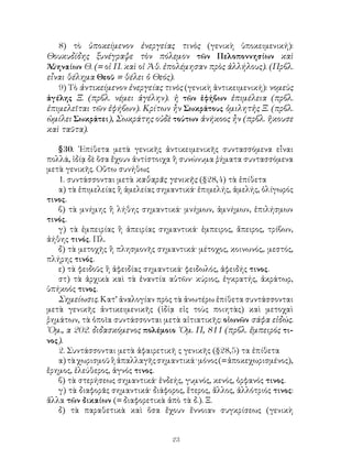 23
8) τὸ ὑποκείμενον ἐνεργείας τινὸς (γενικὴ ὑποκειμενική):
Θουκυδίδης ξυνέγραψε τὸν πόλεμον τῶν Πελοποννησίων καὶ
Ἀθηναίων Θ. (= οἱ Π. καὶ οἱ Ἀθ. ἐπολέμησαν πρὸς ἀλλήλους). (Πρβλ.
εἶναι θέλημα Θεοῦ = θέλει ὁ Θεός).
9) Τὸ ἀντικείμενον ἐνεργείας τινὸς (γενικὴ ἀντικειμενική): νομεὺς
ἀγέλης Ξ. (πρβλ. νέμει ἀγέλην). ἡ τῶν ἐφήβων ἐπιμέλεια (πρβλ.
ἐπιμελεῖται τῶν ἐφήβων). Κρίτων ἦν Σωκράτους ὁμιλητἡς Ξ. (πρβλ.
ὡμίλει Σωκράτει), Σωκράτης οὐδὲ τούτων ἀνήκοος ἦν (πρβλ. ἤκουσε
καὶ ταῦτα).
§30. ᾽Επίθετα μετὰ γενικῆς ἀντικειμενικῆς συντασσόμενα εἶναι
πολλά, ἰδίᾳ δὲ ὅσα ἔχουν ἀντίστοιχα ἢ συνώνυμα ῥήματα συντασσόμενα
μετὰ γενικῆς. Οὕτω συνήθως
1. συντάσσονται μετὰ καθαρᾶς γενικῆς (§28,4) τὰ ἐπίθετα
α) τὰ ἐπιμελείας ἢ ἀμελείας σημαντικά· ἐπιμελής, ἀμελής, ὀλίγωρός
τινος.
β) τὰ μνήμης ἢ λήθης σημαντικά· μνήμων, ἀμνήμων, ἐπιλήσμων
τινός.
γ) τὰ ἐμπειρίας ἢ ἀπειρίας σημαντικά· ἐμπειρος, ἄπειρος, τρίβων,
ἀήθης τινός. Πλ.
δ) τὰ μετοχῆς ἢ πλησμονῆς σημαντικά· μέτοχος, κοινωνός,. μεστός,
πλήρης τινός.
ε) τὰ φειδοῦς ἢ ἀφειδίας σημαντικά· φειδωλός, ἀφειδής τινος.
στ) τὰ ἀρχικὰ καὶ τὰ ἐναντία αὐτῶν· κύριος, ἐγκρατής, ἀκράτωρ,
ὑπήκοός τινος.
Σημείωσις. Κατ’ ἀναλογίαν πρὸς τὰ ἀνωτέρω ἐπίθετα συντάσσονται
μετὰ γενικῆς ἀντικειμενικῆς (ἱδίᾳ εἰς τοὺς ποιητὰς) καὶ μετοχαὶ
ῥημάτων, τὰ ὁποῖα συντάσσονται μετὰ αἰτιατικῆς: οἰωνῶν σάφα εἰδώς.
῾Ομ., α 202. διδασκόμενος πολέμοιο ῾Ομ. Π, 811 (πρβλ. ἔμπειρός τι-
νος).
2. Συντάσσονται μετὰ ἀφαιρετικῆ ς γενικῆς (§28,5) τα ἐπίθετα
α)τὰχωρισμοῦἢἀπαλλαγῆςσημαντικά·μόνος(=ἀποκεχωρισμένος),
ἔρημος, ἐλεύθερος, ἁγνός τινος.
β) τὰ στερήσεως σημαντικά· ἐνδεής, γυμνός, κενός, ὀρφανός τινος.
γ) τὰ διαφορᾶς σημαντικά· διάφορος, ἕτερος, ἄλλος, ἀλλότριός τινος:
ἄλλα τῶν δικαίων (= διαφορετικὰ ἀπὸ τὰ δ.). Ξ.
δ) τὰ παραθετικὰ καὶ ὅσα ἔχουν ἔννοιαν συγκρίσεως (γενικὴ
 