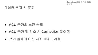 데이터 쓰기 시 문제
Serverless v1의 한계와 필요
개선점
● ACU 증가의 느린 속도
● ACU 증가 및 감소 시 Connection 끊어짐
● 쓰기 실패에 대한 재처리의 어려움
 