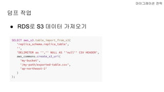 덤프 작업
마이그레이션 전략
● RDS로 S3 데이터 가져오기
 