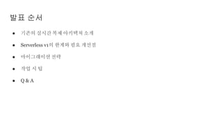 발표 순서
● 기존의 실시간 복제 아키택쳐 소개
● Serverless v1의 한계와 필요 개선점
● 마이그래이션전략
● 작업 시 팁
● Q & A
 