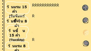 วั นแรม 15
ค่า
(วันจันทร์
ดับ)
วั นขึ้ น 8
ค่า
วั นขึ้ น
15 ค่า
(วันเพ็ญ)
วั นแรม 8
ด
ว
ง
จั
น
ท
ร์
อ
ยู่
ร
ะ
ห
ว่
า
ง
โ แ
ล
ะ
หั
น
ด้
า
น
มื
ด
ห
า
โ
ล
ก
ทา
ใ
ห้
ไ
ม้
เ
ห็
น
ด
ว
ง
จั
น
ท
ร์
ทา
ใ
ห้
ม
อ
ง
เ
ห็
น
ด้
า
น
มื
ด
แ
ล
ะ
ด้
า
น
ส
ว่
า
ง
ข
อ
ง
ข
อ
ง
ด
ว
ง
จั
น
ท
ร์
เ
ท่
า
กั
น
ด
ว
ง
จั
น
ท
ร์
เ
ค
ลื่
อ
น
ที่
อ
ยู่
ด้
า
น
ต
ร
ง
ข้
า
ม
ด
ว
ง
อ
า
ทิ
ต
ย์
แ
ล
ะ
หั
น
ด้
า
น
ที่
ไ
ด้
รั
บ
แ
ส
ง
เ
ข้
า
ห
า
โ
ล
ก
ทา
ใ
ห้
ม
อ
ง
เ
ห็
น
ด้
า
น
มื
ด
แ
ล
ะ
ด้
า
น
ส
ว่
า
ง
ข
อ
ง
ข
อ
ง
ด
ว
ง
จั
น
ท
ร์
เ
ท่
า
กั
น
 