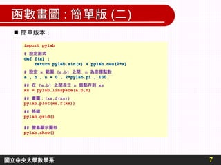 函數畫圖 : 簡單版 (二)
7
國立中央大學數學系
import pylab
# 設定函式
def f(x) :
return pylab.sin(x) + pylab.cos(2*x)
# 設定 x 範圍 [a,b] 之間，n 為座標點數
a , b , n = 0 , 2*pylab.pi , 100
## 在 [a,b] 之間產生 n 個點存到 xs
xs = pylab.linspace(a,b,n)
## 畫圖：(xs,f(xs))
pylab.plot(xs,f(xs))
## 格線
pylab.grid()
## 螢幕顯示圖形
pylab.show()
 簡單版本：
 
