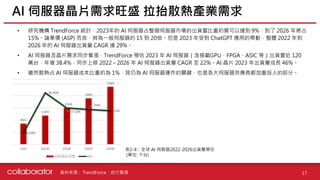 資料來源 :
• 研究機構 TrendForce 統計，2023年的 AI 伺服器占整個伺服器市場的出貨量比重約莫可以達到 9%，到了 2026 年將占
15%。論單價 (ASP) 而言，其為一般伺服器的 15 到 20倍。但是 2023 年受到 ChatGPT 應用的帶動，整體 2022 年到
2026 年的 AI 伺服器出貨量 CAGR 達 29%。
• AI 伺服器及晶片需求同步看漲，TrendForce 預估 2023 年 AI 伺服器（含搭載GPU、FPGA、ASIC 等）出貨量近 120
萬台，年增 38.4%，同步上修 2022～2026 年 AI 伺服器出貨量 CAGR 至 22%。AI 晶片 2023 年出貨量成長 46%。
• 雖然散熱占 AI 伺服器成本比重約為 1%，其仍為 AI 伺服器運作的關鍵，也是各大伺服器供應商都加重投入的部分。
TrendForce、自行整理 17
AI 伺服器晶片需求旺盛 拉抬散熱產業需求
表2-4：全球 AI 伺服器2022-2026出貨量預估
(單位: 千台)
 