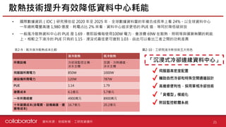 資料來源 :
• 國際數據資訊（IDC）研究預估從 2020 年至 2025 年，全球數據資料量的年複合成長率上看 24%。以全球資料中心
一年總耗電量高達 1,980 億度、耗電占比 2% 來看，資料中心追求更低的 PUE 值，等同於降低碳排放
• 一般風冷散熱資料中心的 PUE 是 1.69，意即設備每使用100W 電力，會浪費 69W 在散熱、照明等與運算無關的耗能
上。相較之下液冷的 PUE 只有約 1.15，浸沒式最佳更可達到 1.03，由此可以看出三者之間的功耗差異
散熱技術提升有效降低資料中心耗能
21
財經新報、工研院資通所
液冷散熱 氣冷散熱
所需設備 冷卻液監控主機、
冰水主機
空調、冷熱通道、
冰水主機
伺服器所需電力 850W 1000W
總設備所需電力 120W 787W
PUE 1.14 1.79
建置成本 6.1億元 5.7億元
一年所需經費 4900萬元 8900萬元
十年營運成本(含電費、設備維護、運
營等成本)
16.7億元 20.2億元
表2-9：氣冷液冷散熱成本比較
「沉浸式冷卻邊緣資料中心」
圖2-10：工研院液冷新技術五大特色
 
