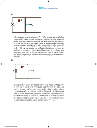 53.
Ευθύγραμμος αγωγός μήκους KΛ = 0,5m μπορεί να ολισθαίνει
χωρίς τριβές πάνω σε δύο οριζόντιες χωρίς αντίσταση ράγες οι
άκρες των οποίων έχουν συνδεθεί με αμπερόμετρο αντίστασης
R1
= 2Ω. Το σύστημα βρίσκεται μέσα σε κατακόρυφο ομογενές
μαγνητικό πεδίο έντασης Β = 0,8Τ. Ο αγωγός ΚΛ έχει αντίστα-
ση R2
= 8Ω και κινείται με την επίδραση εξωτερικής δύναμης με
σταθερή ταχύτητα υ = 5m/s. Να υπολογιστούν α) η ένδειξη του
αμπερόμετρου, β) η ισχύς που καταναλώνεται στις αντιστάσεις,
γ) η εξωτερική δύναμη που κινεί τον αγωγό, δ) η διαφορά δυνα-
μικού ΚΛ.
54.
Δύο οριζόντιες χωρίς αντίσταση ράγες είναι παράλληλες μετα-
ξύ τους και οι άκρες τους συνδέονται με αντίσταση R = 2Ω. Μια
ράβδος μπορεί να ολισθαίνει χωρίς τριβές πάνω στις δύο ράγες.
Στη ράβδο αρχίζει να ασκείται σταθερή δύναμη F = 0,4N με φορά
προς τα δεξιά. Αν το σύστημα βρίσκεται μέσα σε ομογενές μαγνη-
τικό πεδίο έντασης Β = 0,2Τ να υπολογιστεί η οριακή ταχύτητα
που θα αποκτήσει τελικά η ράβδος. Η ράβδος δεν έχει αντίσταση,
εφάπτεται συνεχώς στις ράγες και έχει μήκος = 1m.
189 Ηλεκτρομαγνητισμός
22-0209-fysikh-b-3.indd 189 5/17/13 12:08 PM
 