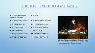 ΕΠΙΣΤΟΛΕΣ ΑΠΟΣΤΟΛΟΥ ΠΑΥΛΟΥ
1. Α΄ ΠΡΟΣ ΚΟΡΙΝΘΙΟΥΣ 8. Α’ ΠΡΟΣ
ΘΕΣΣΑΛΛΟΝΙΚΕΙΣ
2. Β’ ΠΡΟΣ ΚΟΡΙΝΘΙΟΥΣ 9. Β’ ΠΡΟΣ ΘΕΣΣΑΛΟΝΙΚΕΙΣ
3. ΠΡΟΣ ΡΩΜΑΙΟΥΣ 10. Α΄ ΠΡΟΣ ΤΙΜΟΘΕΟΝ
4. ΠΡΟΣ ΓΑΛΑΤΑΣ 11. Β’ ΠΡΟΣ ΤΙΜΟΘΕΟΝ
5. ΠΡΟΣ ΕΦΕΣΙΟΥΣ 12. ΠΡΟΣ ΤΙΤΟΝ
6. ΠΡΟΣ ΦΙΛΙΠΠΗΣΙΟΥΣ 13. . ΠΡΟΣ ΦΙΛΗΜΟΝΑ
7. ΠΡΟΣ ΚΟΛΟΣΣΑΕΙΣ 14. ΠΡΟΣ ΕΒΡΑΙΟΥΣ
«Ο Άγιος Παύλος συγγράφει τις Επιστολές του»,
Valentin de Boulogne ή Nicolas Tournier, περ. 1620,
Blaffer Foundation Collection, Houston
 