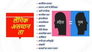 ैंलगक
असमान
ता
 शारीररक बनावट
 प्रजनन अिंग िं मे लवलिन्नता
 ध्वलन मे लविेद
 मानलसक स्तर
 श्रिंगारलप्रयता
 सामालजकता
 स्वतिंत्रता
 रीती रीवाज
 सामालजक बिंधन
 धालमिकता
 रूलि एविं अलिवरद्धि
 सिंस्क
र लत
 बा क िं का ा न पा न
 