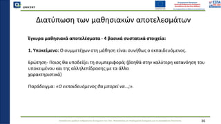 QMSCERT
Εκπαίδευση ομάδων ανθρώπινου δυναμικού του Παν. Μακεδονίας σε Ακαδημαϊκά Ζητήματα για τη Διασφάλιση Ποιότητας
Διατύπωση των μαθησιακών αποτελεσμάτων
Έγκυρα μαθησιακά αποτελέσματα - 4 βασικά συστατικά στοιχεία:
1. Υποκείμενο: Ο συμμετέχων στη μάθηση είναι συνήθως ο εκπαιδευόμενος.
Ερώτηση- Ποιος θα υποδείξει τη συμπεριφορά; (βοηθά στην καλύτερη κατανόηση του
υποκειμένου και της αλληλεπίδρασης με τα άλλα
χαρακτηριστικά)
Παράδειγμα: «Ο εκπαιδευόμενος θα μπορεί να...;».
36
 