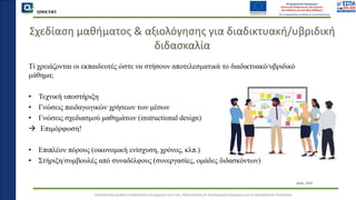 QMSCERT
Εκπαίδευση ομάδων ανθρώπινου δυναμικού του Παν. Μακεδονίας σε Ακαδημαϊκά Ζητήματα για τη Διασφάλιση Ποιότητας
Bates, 2020
Σχεδίαση μαθήματος & αξιολόγησης για διαδικτυακή/υβριδική
διδασκαλία
Τί χρειάζονται οι εκπαιδευτές ώστε να στήσουν αποτελεσματικά το διαδικτυακό/υβριδικό
μάθημα;
• Τεχνική υποστήριξη
• Γνώσεις παιδαγωγικών χρήσεων των μέσων
• Γνώσεις σχεδιασμού μαθημάτων (instructional design)
→ Επιμόρφωση!
• Επιπλέον πόρους (οικονομική ενίσχυση, χρόνος, κλπ.)
• Στήριξη/συμβουλές από συναδέλφους (συνεργασίες, ομάδες διδασκόντων)
 