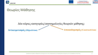QMSCERT
Εκπαίδευση ομάδων ανθρώπινου δυναμικού του Παν. Μακεδονίας σε Ακαδημαϊκά Ζητήματα για τη Διασφάλιση Ποιότητας
Θεωρίες Μάθησης
Δύο κύριες κατηγορίες/επιστημολογίες θεωριών μάθησης:
4
Eποικοδομισμός (Constructivism)
Αντικειμενισμός (Objectivism)
 