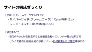 サイトの構成ざっくり
・サイバーサイド(フレームワーク)：Cake PHP (3.x)
・フロントエンド：Bootstrap (CSS)
【使用したフレームワークやライブラリ】
【何を作る？】
・日付のFrom,Toを指定すると各航空会社へのリンク一覧が出現する
・リンクを踏むと航空会社の予約サイトへ日付検索した状態で遷移する
 