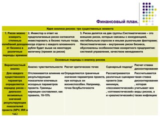 42
Финансовый план.
 Таблица 20.
 Основные подходы к анализу рисков.
Идея анализа рисков: три существенных момента
1. Риски можно
измерить
степенью
колебаний доходов
от бизнеса в
различные
периоды времени
2. Инвестор в ответ на
предполагаемые риски согласится
инвестировать в бизнес только тогда,
когда отдача с каждого вложенного
рубля будет выше на некоторую
величину (премия за риски)
3. Риски делятся на две группы:Систематические – это
внешние риски, которые связаны с конкуренцией,
нестабильным спросом и иными рыночными факторами;
Несистематические – внутренние риски бизнеса,
обусловлены особенностями конкретного предприятия:
системой управления, качеством менеджмента
Основные подходы к анализу рисков
Вероятностный
анализ
Анализ чувствительности Расчет критических точек Сценарный подход*
Расчет ставки
дисконтирования
Для каждого
существенного
параметра
определяется
коридор риска –
диапазон
возможных
значений
результирующих
показателей
проекта (NPV, IRR и
т.д.)
Отслеживается влияние на
результирующие
показатели ключевых
исходных параметров
проекта. Границы
вариации составляют, как
правило, 10-15%
Определяются граничные
значения параметров проекта,
при которых он
жизнеспособен. Например,
точка безубыточности
Рассматриваются
различные сценарии
проекта (как
минимум,
«пессимистический»
, «оптимистический»
и «реалистический»)
Рассчитывается
такая ставка
дисконтирования
, которая
учитывает все
виды рисков, а
также инфляцию
 